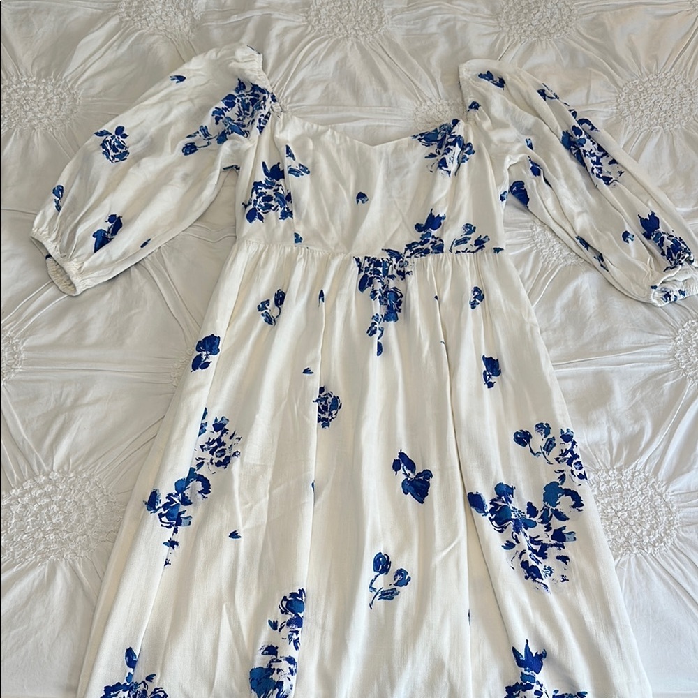 Floral White and Blue Midi Dress